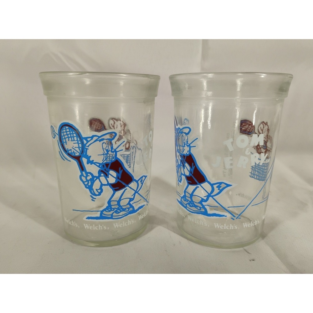 Vtg Tom & Jerry Welchs Collectible Jelly Jar Glass Set (2) 1991 Tennis Glasses